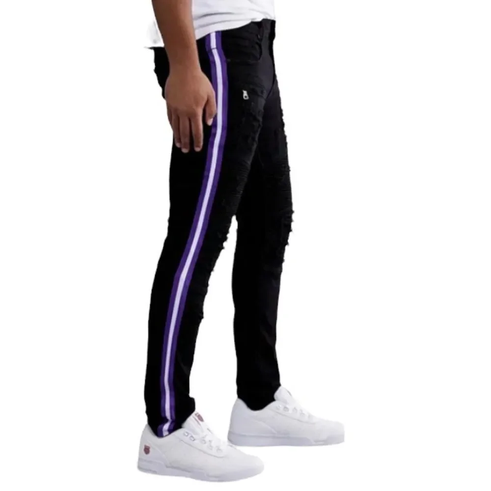 Preme Black stretch jeans with purple & white stripes down the sides size 36/33